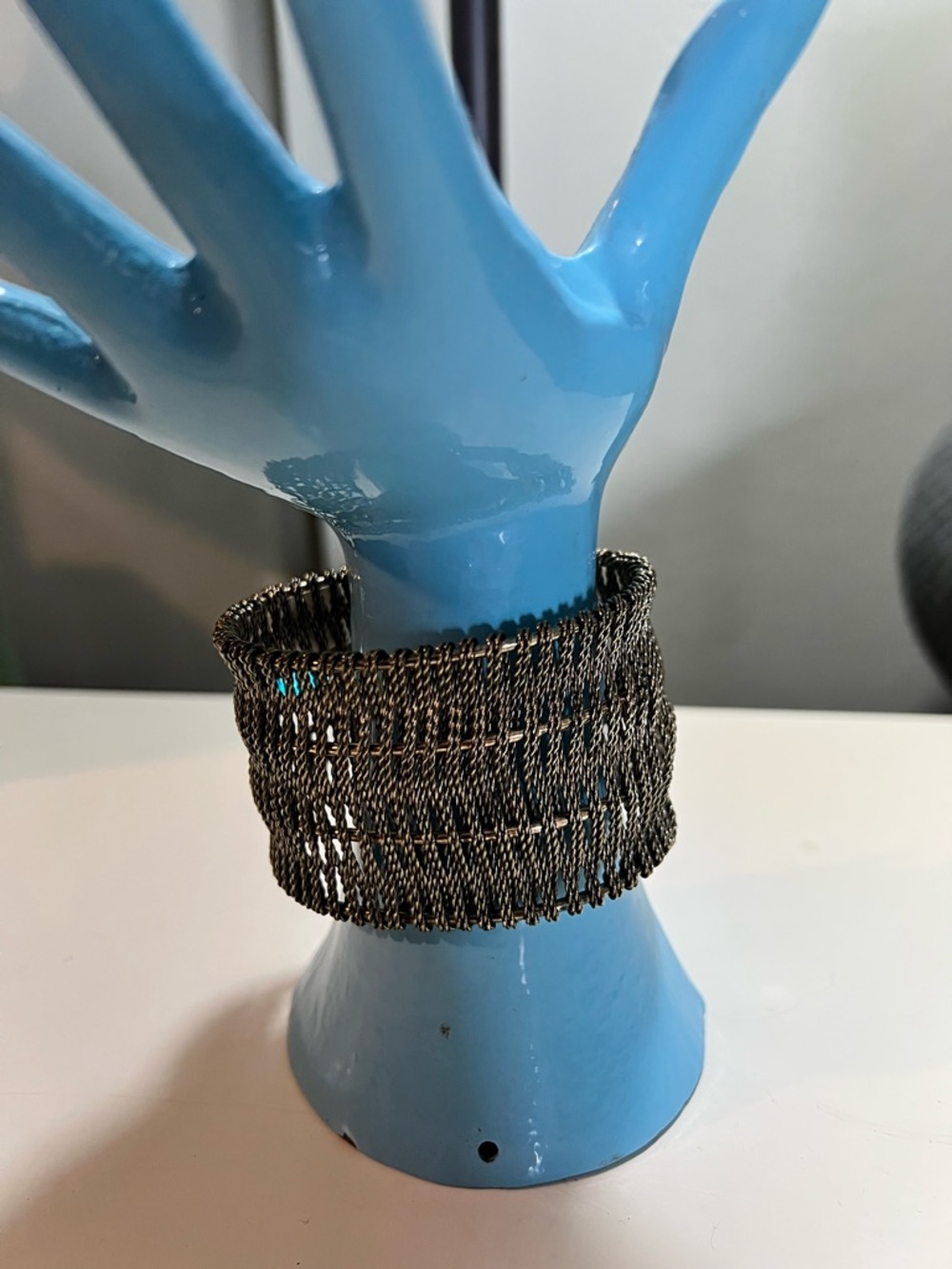 Wide antiqued metal mesh basket cuff bracelet.